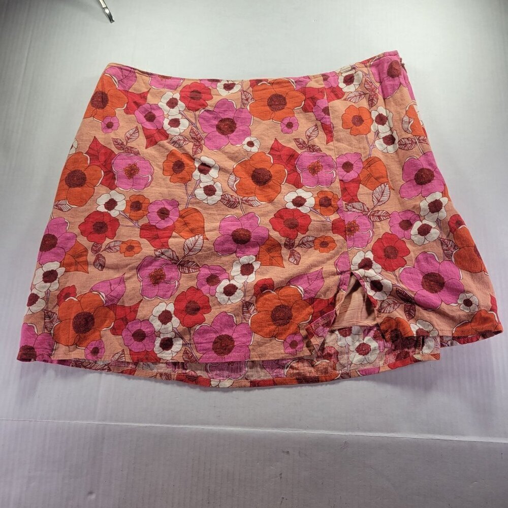 Urban Outfitters Floral Linen Blend Mini Skirt Lined Size L Red Pink Orange